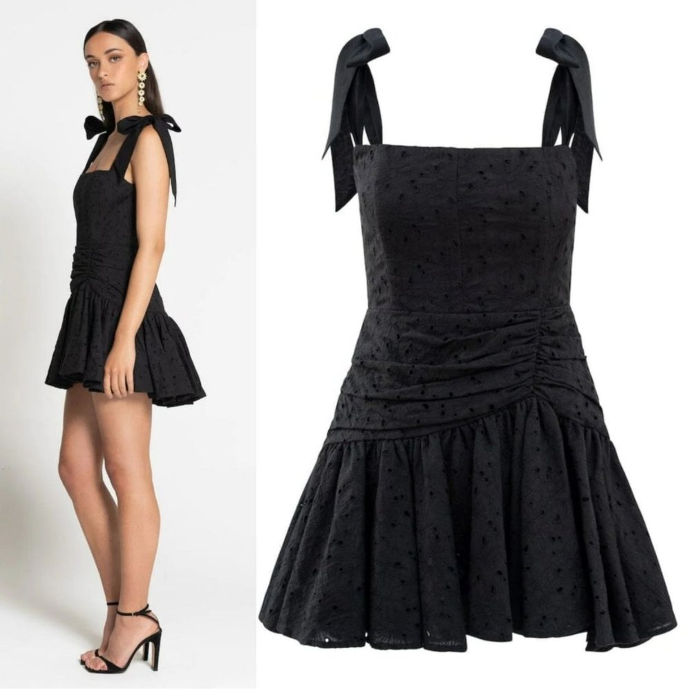 Sofia the Label Black Eyelet Mini Dress Bow Strap Daisy Cocktail Wedding Girly